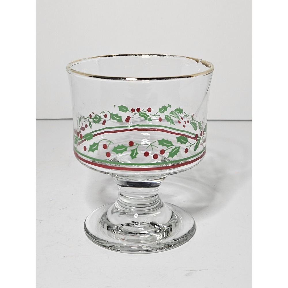 Libbey Christmas Holly Berry Dessert Glass Stemmed Sherbet Bowl Gold Rim 1980's